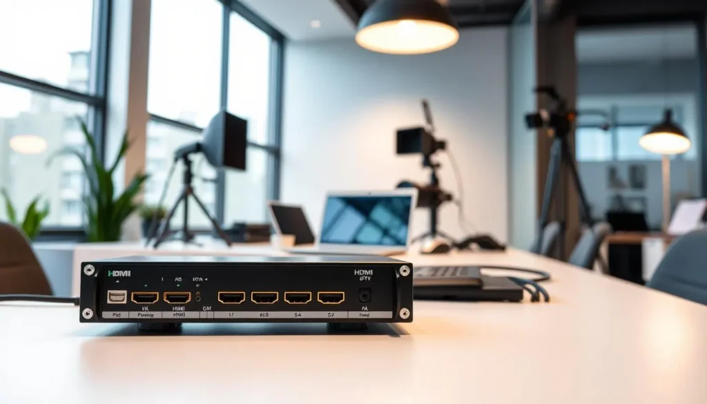 Compact HDMI IPTV encoder unit sitting on an office desk ready for network video streaming.