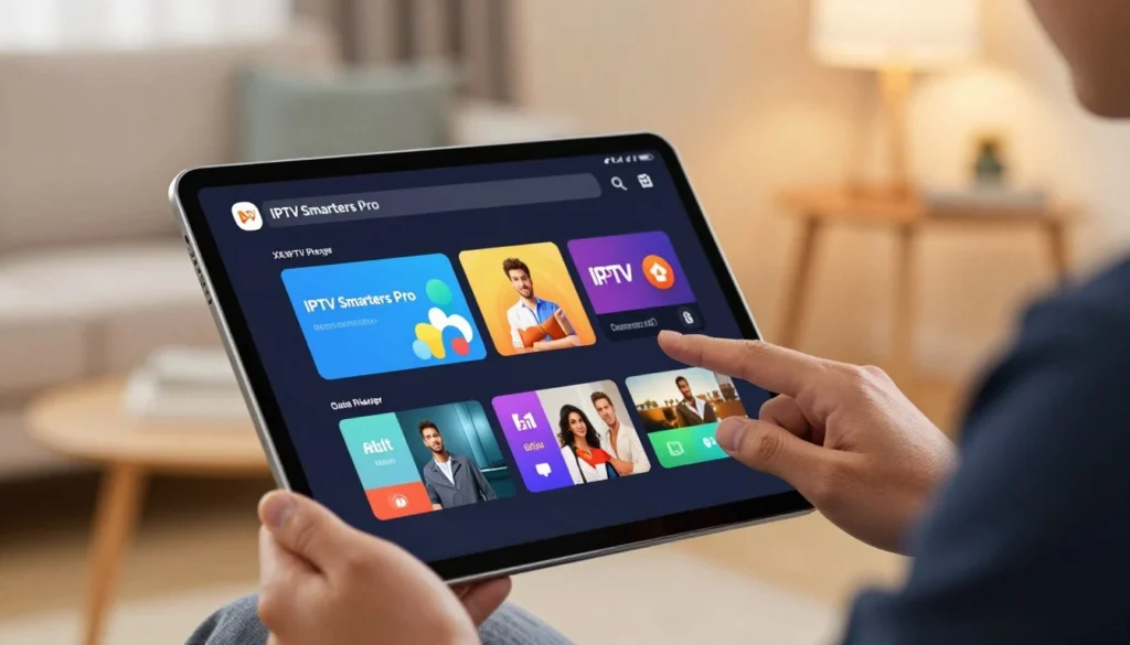 A detailed illustration of the IPTV Smarters Pro and XCIPTV player interfaces displayed on a sleek, modern tablet. In the foreground, a close-up of the tablet screen shows vibrant, user-friendly interfaces of both apps, with colorful icons representing various streaming options. The middle layer features a subtle reflection of a living room setting in soft focus, creating a relaxed atmosphere. The background hints at a cozy home with warm lighting, emphasizing a welcoming environment for streaming. Include a professional, business-attired individual casually interacting with the tablet, highlighting the versatility of IPTV applications. The overall mood should be inviting and warm, showcasing cutting-edge technology in a home setting. IPTV Smarters Pro application on tablet for best android app iptv guide