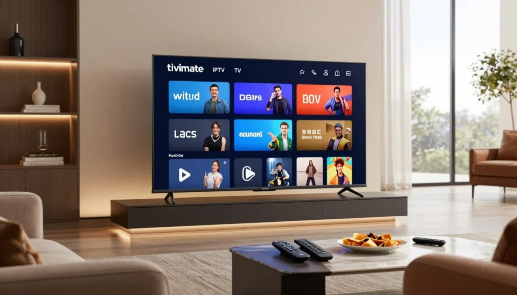 A modern living room showcasing a high-end Android device featuring the Tivimate IPTV player on a sleek, large-screen TV. The foreground includes a comfortable sofa and a stylish coffee table with remote controls and snacks. In the middle, the TV displays the Tivimate interface, highlighting features like catch-up TV options, channel categories, and a user-friendly navigation system. The background features elegant decor, with soft ambient lighting creating a cozy atmosphere. A large window allows natural light to enhance the room, while reflections on the TV screen show vibrant channels in action. The scene captures a polished and engaging TV experience, conveying a sense of sophistication and enjoyment. Best Android app IPTV TiviMate interface running on Smart TV