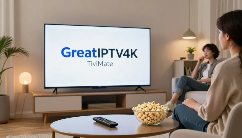 People watching TV displaying GreatIPTV4K service, selected as the best IPTV for TiviMate subscribers
