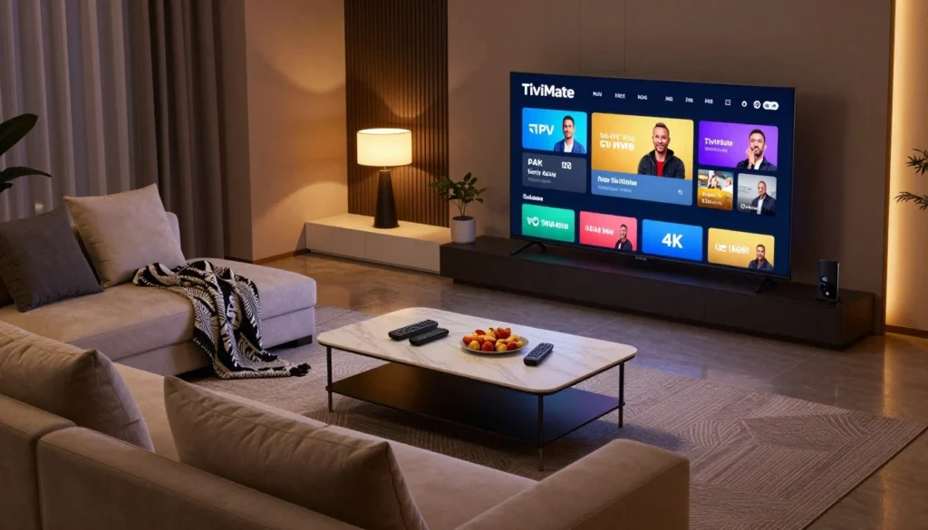 Modern Smart TV showcasing channel dashboard performance of the best IPTV provider for TiviMate in 4K