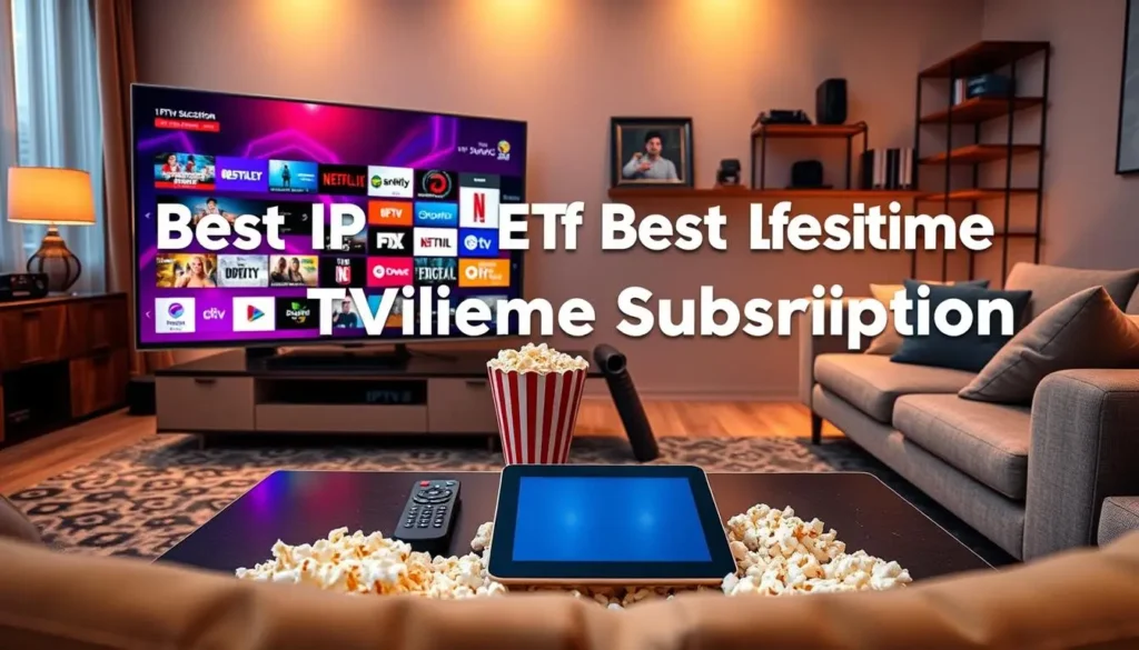 Smart TV in a cozy living room displaying live streaming app interface with lifetime IPTV subscription.