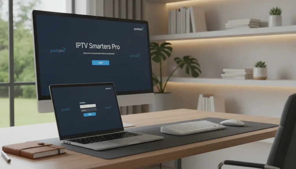 A serene and modern home office setting showcasing a computer screen displaying the IPTV Smarters Pro login interface. In the foreground, a sleek laptop with an illuminated screen shows a user-friendly login page, featuring fields for username and password alongside a prominent "Login" button. The middle ground consists of a stylish wooden desk adorned with a wireless keyboard and mouse, with a neat arrangement of a notepad and pen beside it. The background depicts soft-focus shelves filled with books and plants, cultivated in a warm, comforting lighting that conveys productivity and tranquility. The overall atmosphere is professional and inviting, perfect for the theme of digital accessibility, featuring the brand name "great iptv" subtly represented on the login screen. IPTV Smarters login screen displayed on a computer and laptop