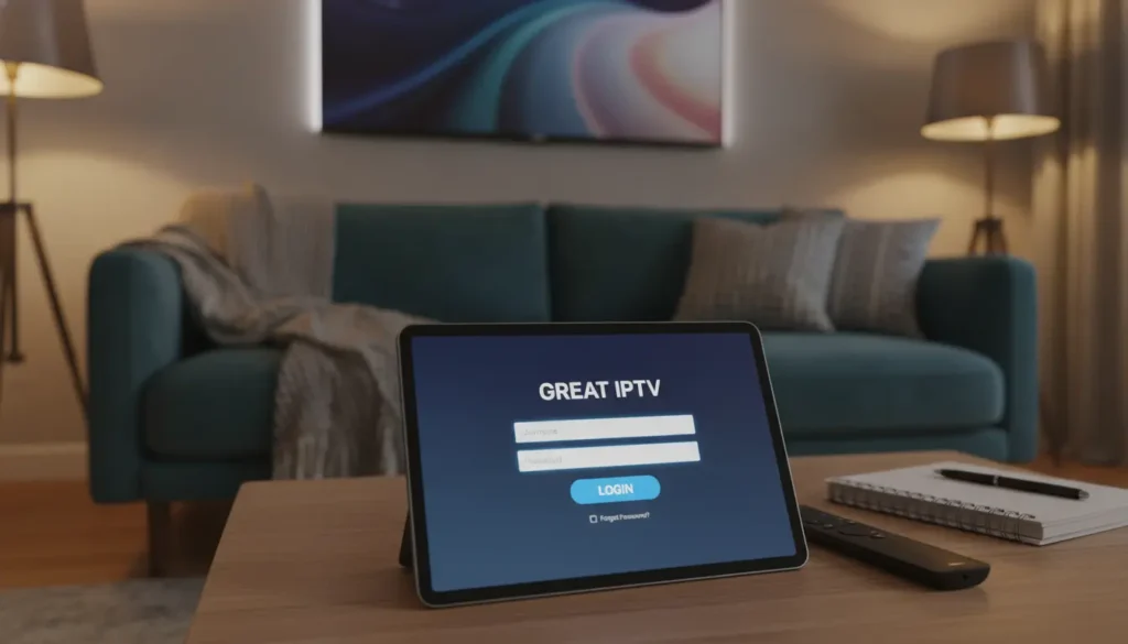 IPTV Smarters login screen shown on a tablet in a living room