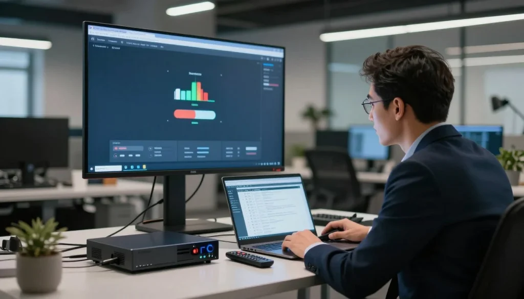 Network engineer analyzing bandwidth traffic and stream metrics for an IPTV solution on a desktop monitor