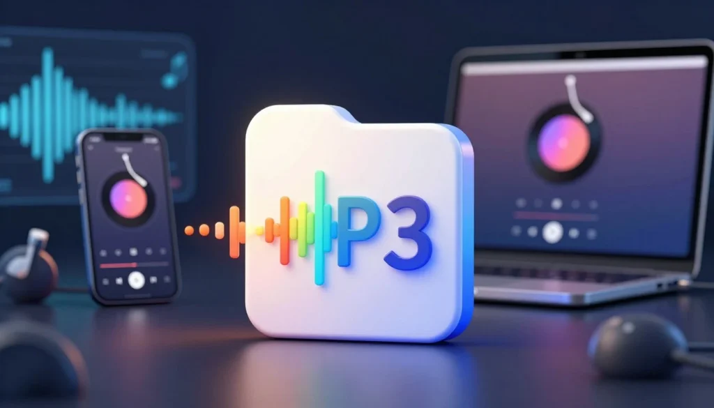 3D M3U vs MP3 icon with a colorful sound wave representing digital audio playback.