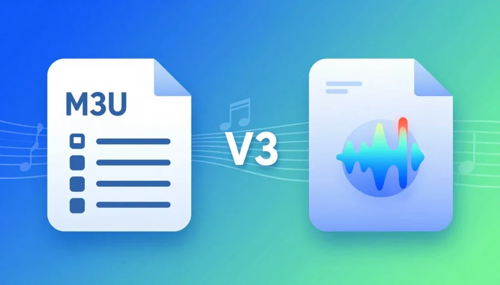 Diagram comparing M3U vs MP3 playlist file versus MP3 audio file with a VS graphic.