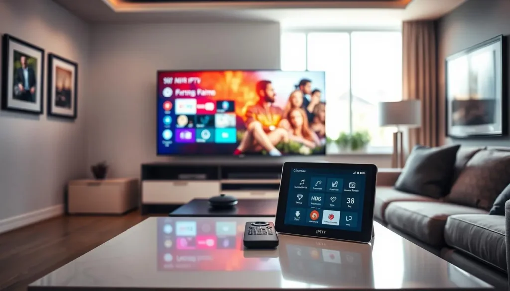 Tablet on table showing streaming control dashboard for UHF lifetime subscription setup.