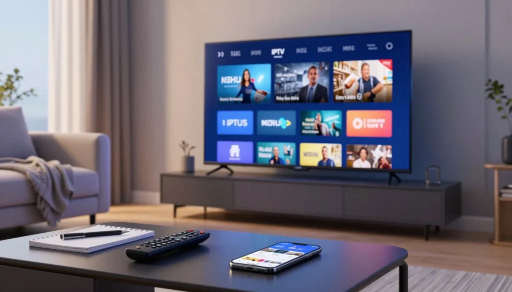 Smart TV in a modern living room displaying the Usa IPTV M3U dashboard with a smartphone in the foreground