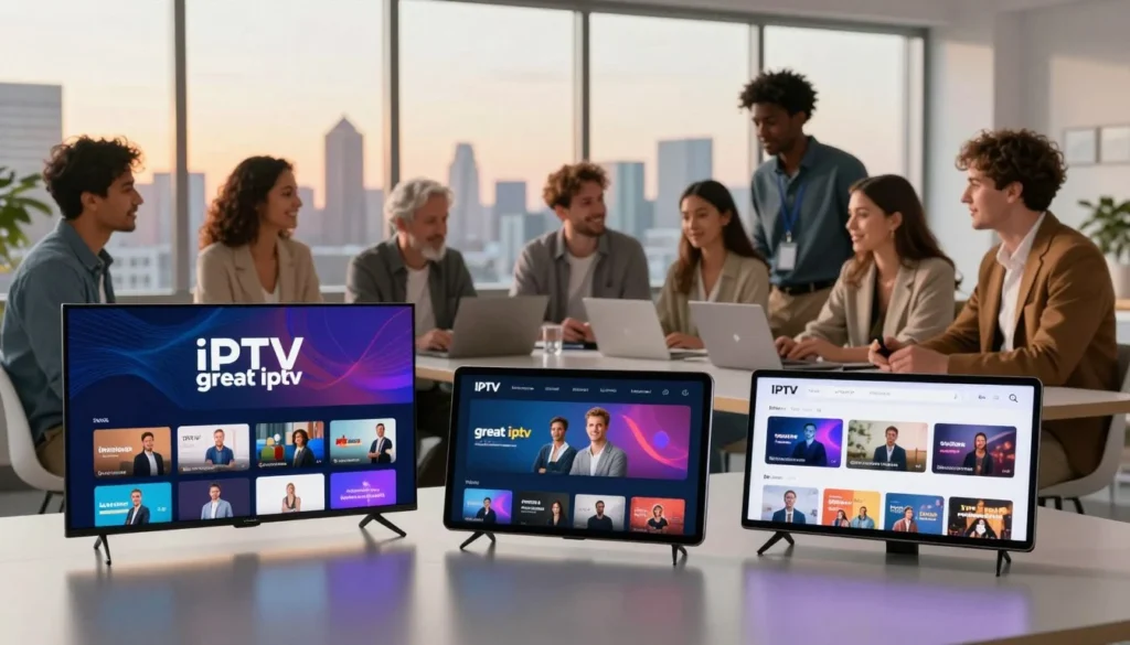 Professionals comparing IPTV apps on TV, tablet, and monitor to decide what IPTV is the best for multi-device streaming