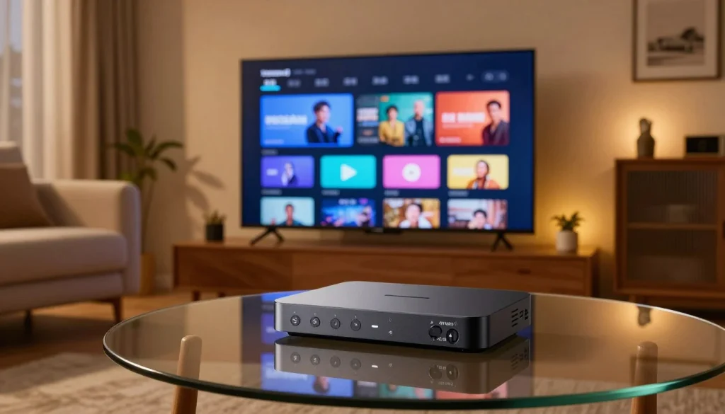 xtream iptv player running on android tv box in living room