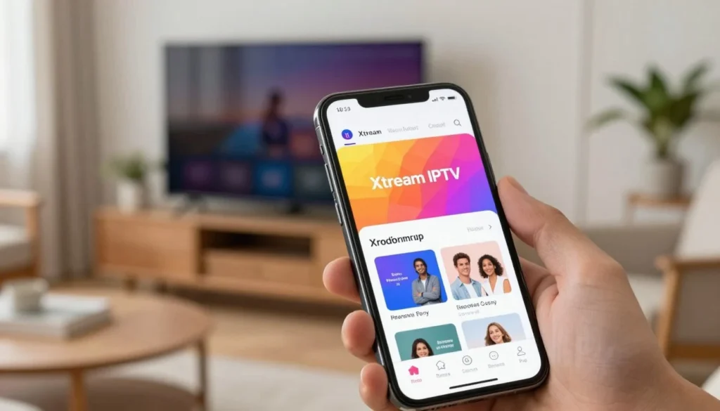 A modern smartphone displaying the Xtream IPTV app interface prominently on the screen, showcasing vibrant colors and intuitive navigation. The foreground features a close-up view of the phone held in a hand, emphasizing user interaction. In the middle, a blurred background includes a cozy living room setting with a sleek television and comfy furniture, suggesting a relaxed environment for streaming. Soft, natural lighting filters in from a window, creating a warm atmosphere. The image captures a feeling of ease and accessibility, inviting viewers to explore the app further. The framing is slightly angled to highlight the phone's screen while blurring the background elements, enhancing focus on the app interface. xtream iptv player app on smartphone with smart tv in background