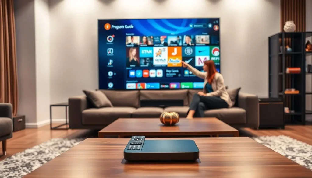 A modern living room setting with a large flat-screen television displaying a vibrant electronic program guide interface. In the foreground, a sleek, contemporary coffee table holds a well-designed remote control, emphasizing Android TV compatibility. The middle ground features a stylish couch with a couple of friends in professional attire, engaged in discussion while pointing at the TV screen, showcasing their interest in IPTV services. In the background, soft, ambient lighting illuminates the room, creating a cozy yet high-tech atmosphere. The camera angle is slightly angled from above, capturing both the interaction and the detailed interface on the screen, embodying the seamless integration of TiviMate as a premier IPTV player. Woman browsing the EPG program guide on a Smart TV using an IPTV service for TiviMate