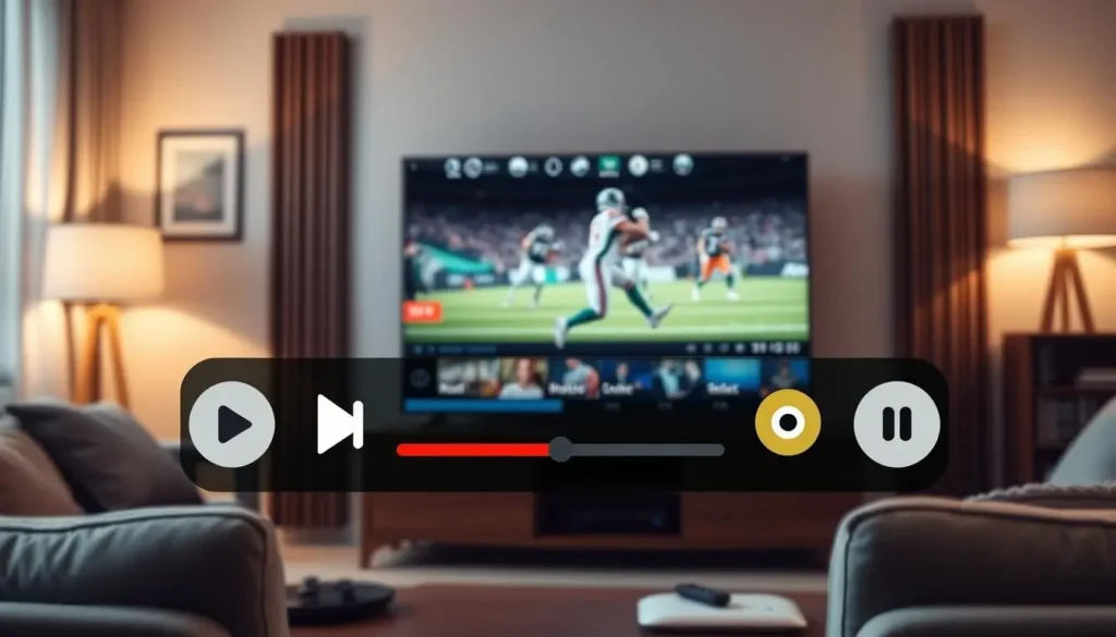 A sleek, modern interface of the IPTV Xtream app displayed on a large smart TV screen in a cozy living room setting. In the foreground, a diverse group of three people, wearing smart casual clothing, are engaged with the app, showcasing their excitement and interest. The middle layer features a stylish remote control resting on a coffee table, with a bowl of popcorn nearby, symbolizing a relaxed movie night atmosphere. The background includes soft, ambient lighting with warm tones illuminating the room, giving it an inviting feel. Subtle graphical elements representing core app features like live TV, video on demand, and user-friendly navigation elegantly emanate from the TV screen, blending seamlessly into the environment. The scene captures a sense of modern entertainment and technology. IPTV Xtream app video player controls displaying live football streaming on a TV screen