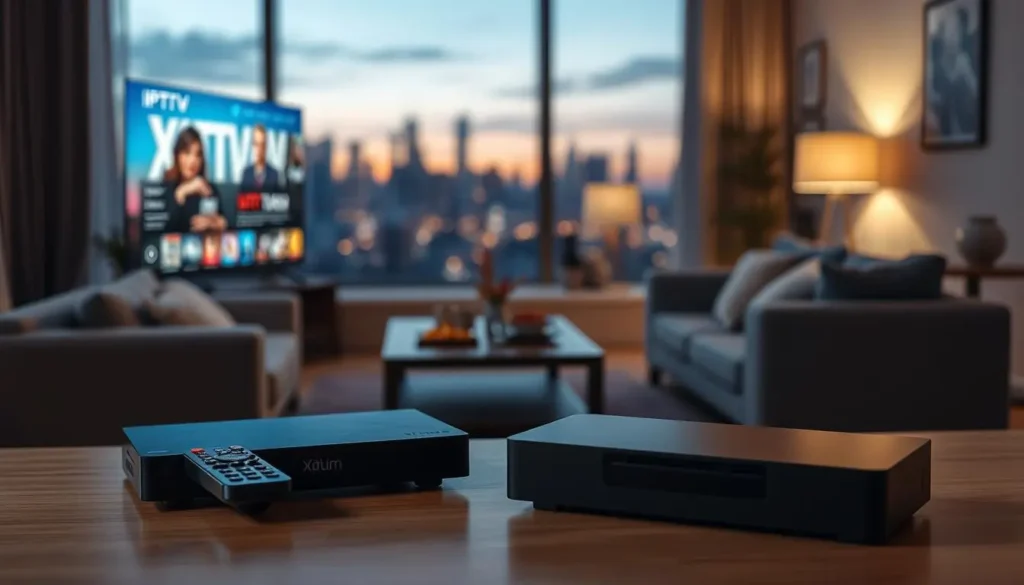 A sleek and modern streaming device prominently displayed in the foreground, showcasing the IPTV Xtream app interface on a vibrant television screen. The middle ground features a stylish living room setting, with comfortable furniture and ambient lighting creating a cozy atmosphere. A subtle glow from the screen illuminates the space, highlighting details like a remote control and snacks on a coffee table. In the background, a softly blurred window reveals a cityscape at dusk, adding depth and warmth to the scene. The overall mood is inviting and tech-savvy, suitable for a modern entertainment setting. Use natural lighting for a realistic effect, capturing the essence of home entertainment with a focus on user experience. IPTV Xtream app interface on a smart TV in a modern USA apartment living room