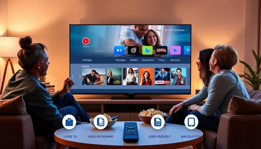 An optimized video player interface showcasing a smooth streaming experience on a modern smart device. In the foreground, a sleek, intuitive video player UI, featuring large play, pause, and slider control buttons with vibrant colors. The middle ground shows a stylish television with a high-resolution display streaming a sports event, emphasizing clarity and fluid motion. In the background, a cozy living room setting adorned with subtle ambient lighting, casting a warm glow that creates a comfortable and inviting atmosphere. A soft focus on a few streaming-related devices like a tablet and a remote control. The overall mood conveys efficiency and pleasure in streaming, captured with a cinematic perspective. Family watching movies and live TV using the IPTV Xtream app interface
