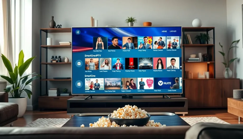 A sleek, modern living room featuring a large Samsung Smart TV displaying an IPTV app interface, with a focus on the "SmartOne IPTV" section. In the foreground, a stylish coffee table with a remote control and a bowl of popcorn, suggesting a cozy movie night atmosphere. The middle ground highlights the TV screen with vibrant app thumbnails showcasing popular channels and features of SmartOne IPTV. In the background, a contemporary bookshelf filled with decorative items and houseplants, warmly lit by natural sunlight streaming through a window. The overall lighting is soft and inviting, creating a relaxed and engaging mood for home entertainment. The angle is slightly angled down towards the TV, emphasizing the app interface without any text or overlays. SmartOne IPTV app running on a Samsung TV in a cozy living room setup