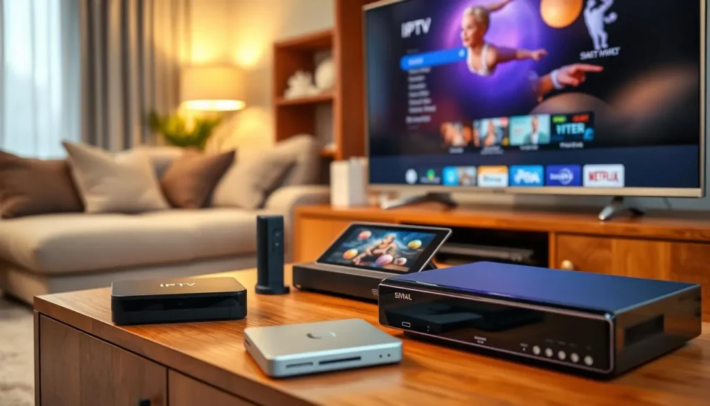 A cozy living room setting featuring various compatible IPTV devices on a stylish wooden cabinet. In the foreground, a sleek smart TV displays an IPTV interface, while next to it, a compact streaming box and a portable tablet are showcased. In the middle ground, a modern gaming console and a DVD player are positioned, highlighting the variety of devices. In the background, soft ambient lighting creates a warm atmosphere, reflecting a relaxed family environment. A plush sofa with neutral tones is visible, inviting viewers to imagine a comfortable streaming experience. The scene is captured in a well-lit, slightly angled perspective to emphasize the technology, conveying a mood of modern convenience and home entertainment. Multiple streaming boxes and devices connected to stream the great iptv on a television