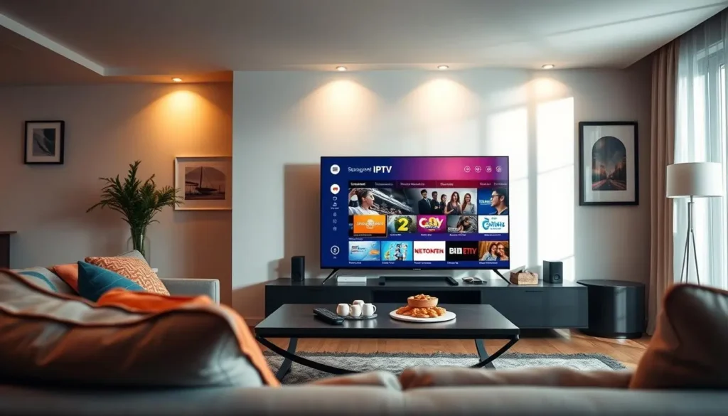 A modern living room featuring a sleek smart TV displaying an IPTV streaming interface. In the foreground, a cozy sofa with colorful cushions invites relaxation, while a stylish coffee table holds a remote control and snacks. The middle ground showcases the smart TV, with a vibrant screen showcasing popular IPTV channels and a user-friendly menu. The background features a well-decorated wall with framed art and ambient lighting, creating a warm and inviting mood. Soft, natural light streams in from a nearby window, casting gentle shadows. The scene captures a technology-savvy yet comfortable home environment, ideal for enjoying entertainment seamlessly. A complete home cinema setup displaying the great iptv channel list on a wide screen TV