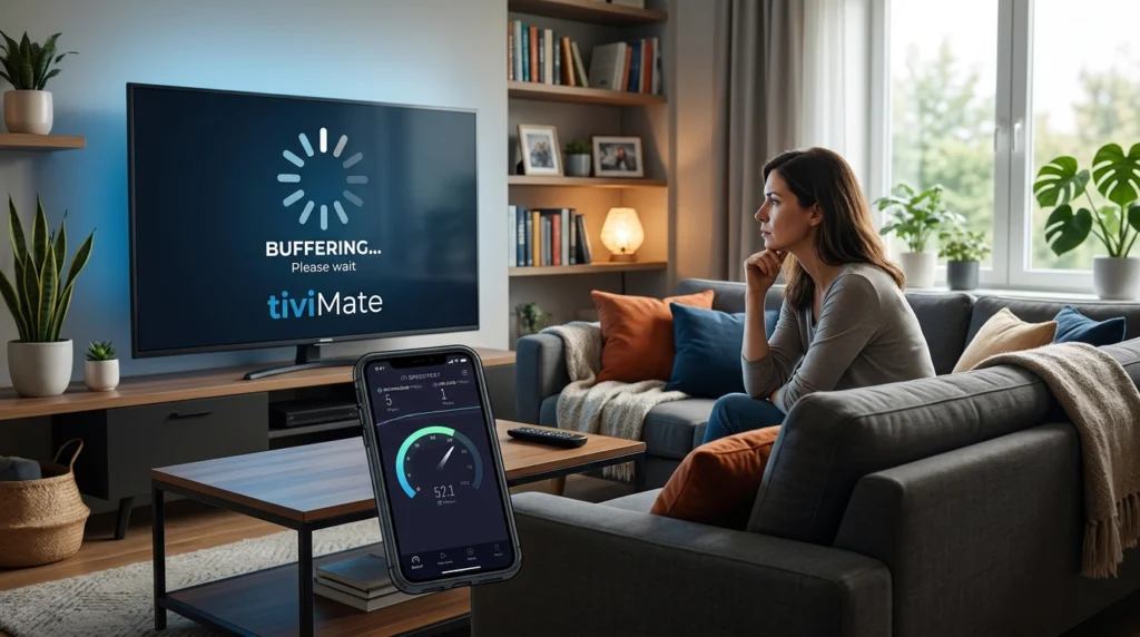 Phone showing an internet speed test next to a TV with a buffering message, checking speed to fix TiviMate buffering