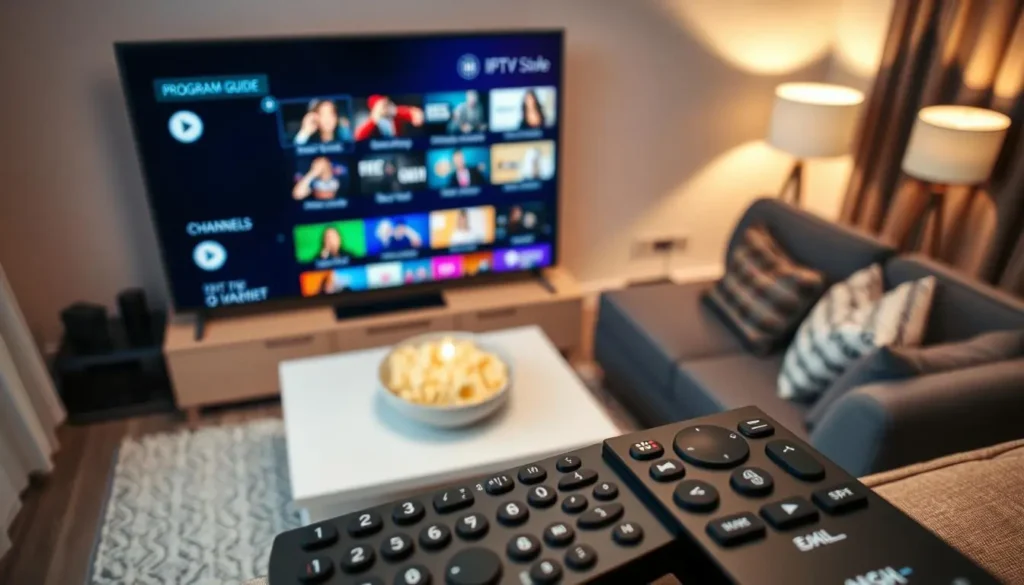 A modern electronic program guide interface on a sleek television screen, displaying an organized grid of IPTV channels with vibrant thumbnails. In the foreground, a user-friendly remote control rests, featuring distinct buttons for channel navigation and settings. The middle layer showcases a stylish living room setting: a comfortable couch adorned with pillows, minimalistic decor, and a coffee table holding a bowl of popcorn. The background includes soft ambient lighting from a table lamp, creating a warm and inviting atmosphere. The composition should be captured from a slightly angled overhead perspective, emphasizing the harmony between technology and home comfort. The mood is relaxed and engaging, suggesting the enjoyment of watching favorite shows through a seamless IPTV experience. TV remote control in front of a Smart TV showing the TiviMate EPG channel list from an IPTV service