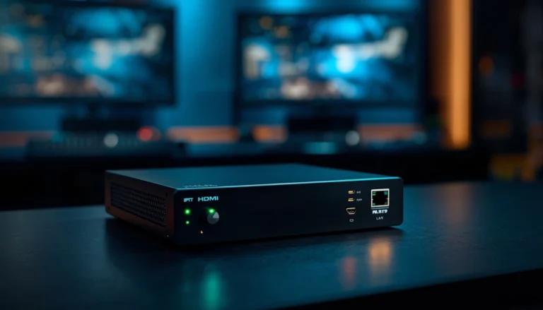 A modern HDMI IPTV encoder hardware device placed on a desk for streaming video over an IP network