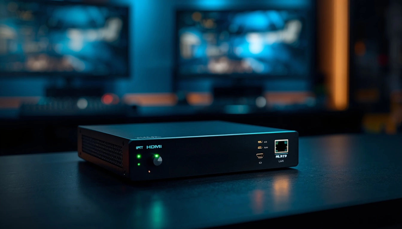 A modern HDMI IPTV encoder hardware device placed on a desk for streaming video over an IP network