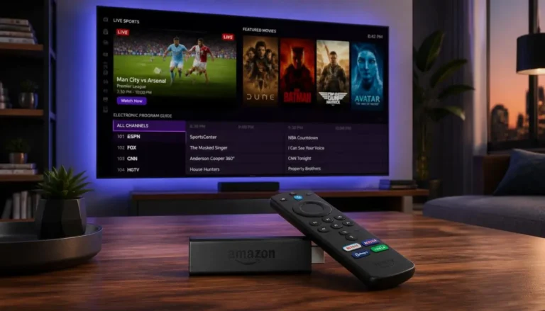 Smart TV running top IPTV apps for Firestick with Fire TV remote on table