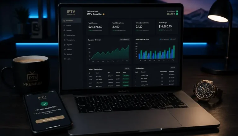 Entrepreneur using the best IPTV reseller panel on a laptop to manage client lines and track profit margins