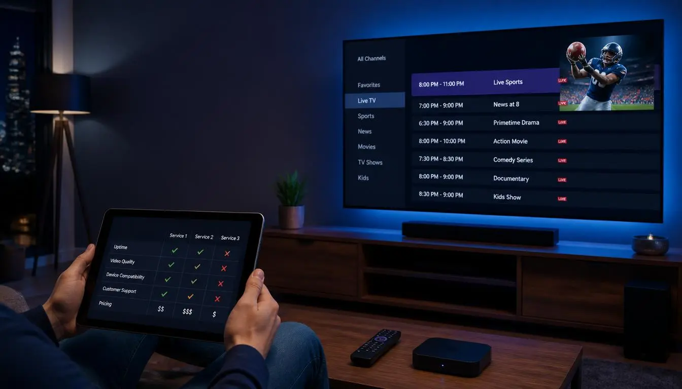 Person comparing the best IPTV service provider options beside a 4K Smart TV