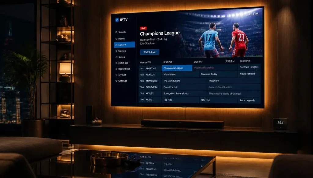 Smart TV displaying a high quality live channel guide from the best IPTV service provider