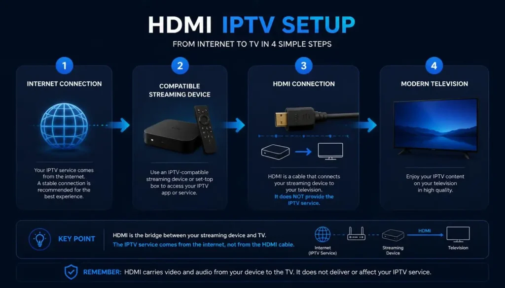 HDMI IPTV connection diagram from internet and streaming device to television