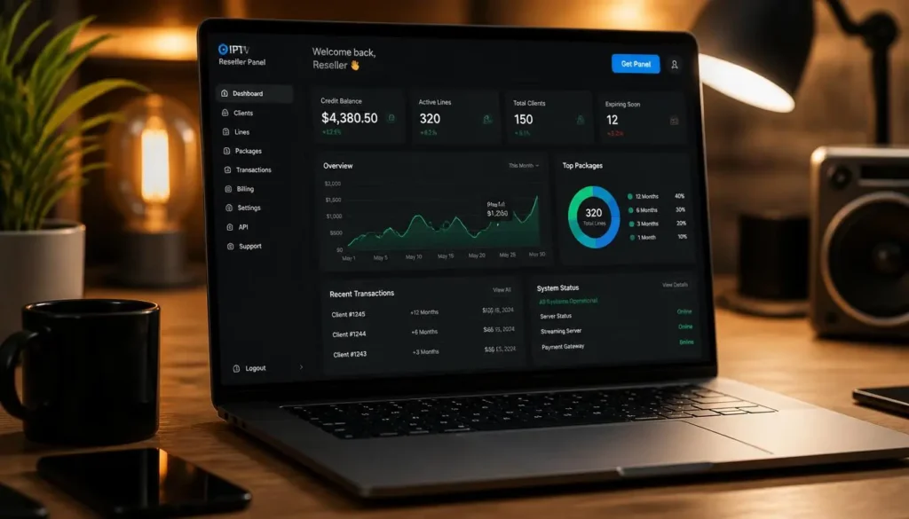 Modern IPTV reseller panel dashboard showing credit balance, client lines and profit analytics
