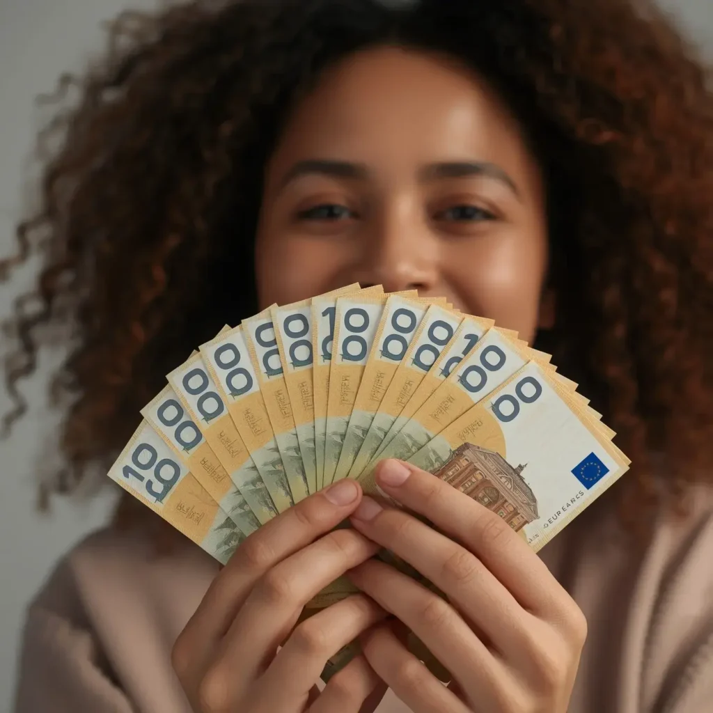 Happy woman holding cash earnings made from selling subscriptions with an IPTV reseller panel