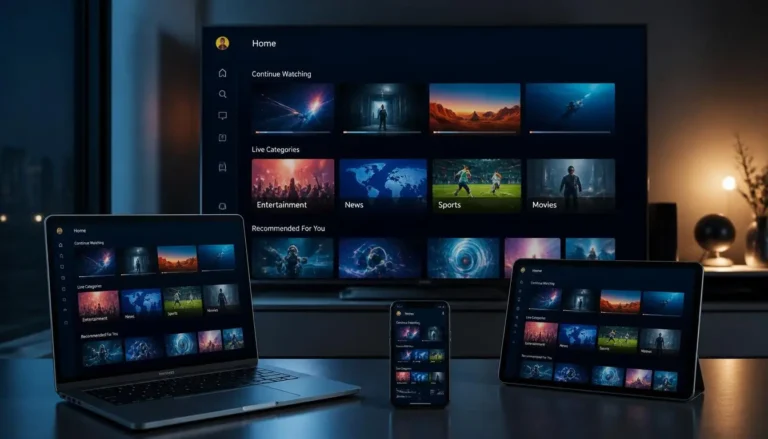 IPTV USA channels displayed across TV, laptop, tablet and smartphone