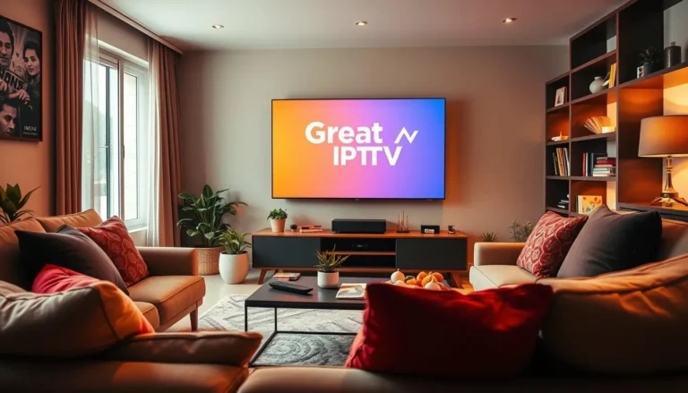 Modern living room setup displaying a cheap IPTV service on a smart TV screen