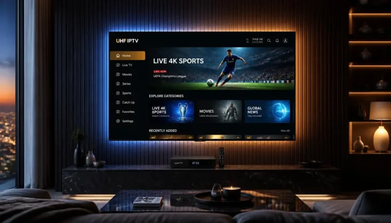 Modern 4K smart TV displaying live sports and movies interface via lifetime IPTV subscription.
