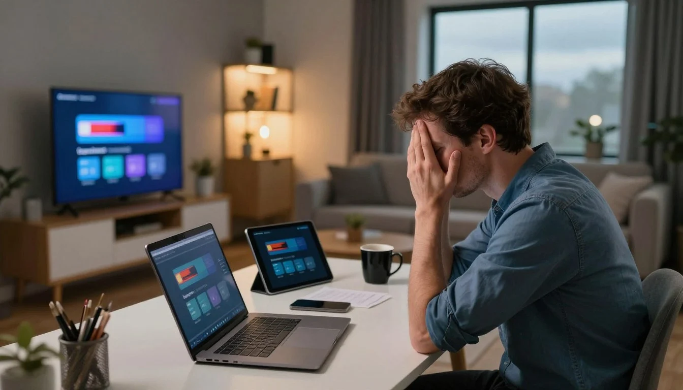 Frustrated user holding his head due to video buffering and playback errors on multiple screens