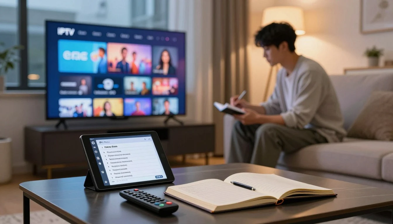 Person setting up and testing a USA IPTV M3U channel list on a tablet and Smart TV