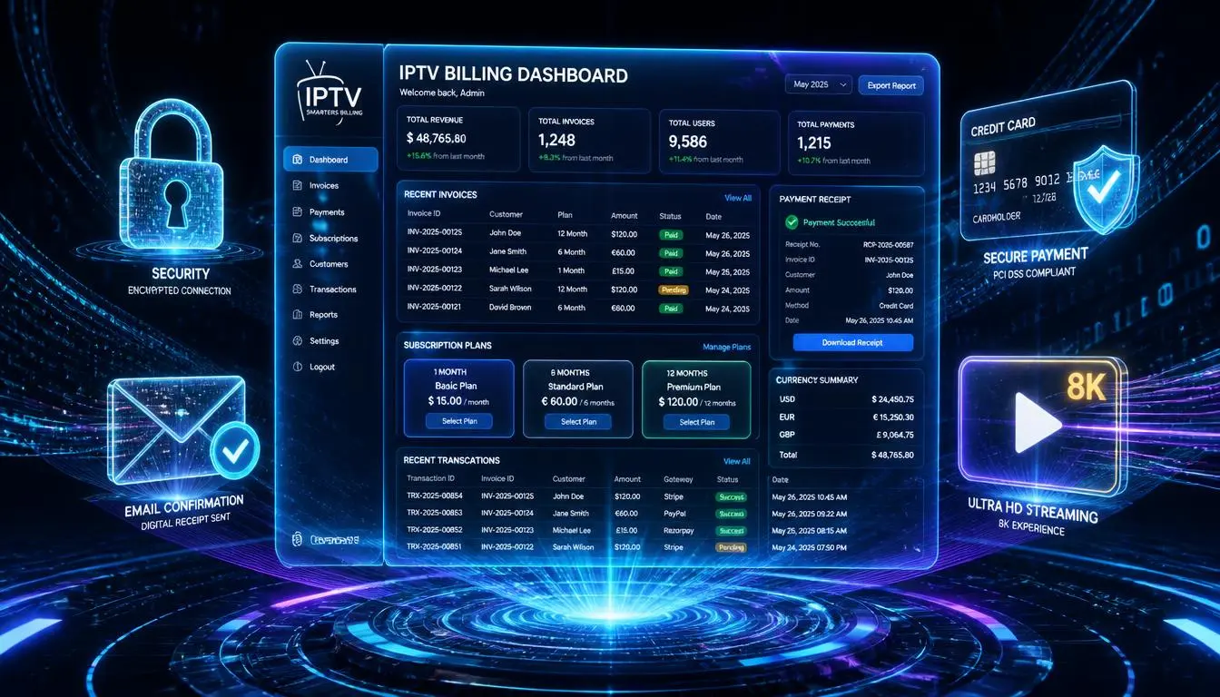 Strong 8K IPTV billing dashboard showing digital invoices, payment receipts, subscription plans and secure transactions