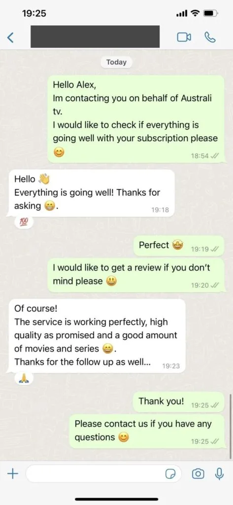 WhatsApp conversation discussing reliable great iptv 4k streaming without needing a VPN.