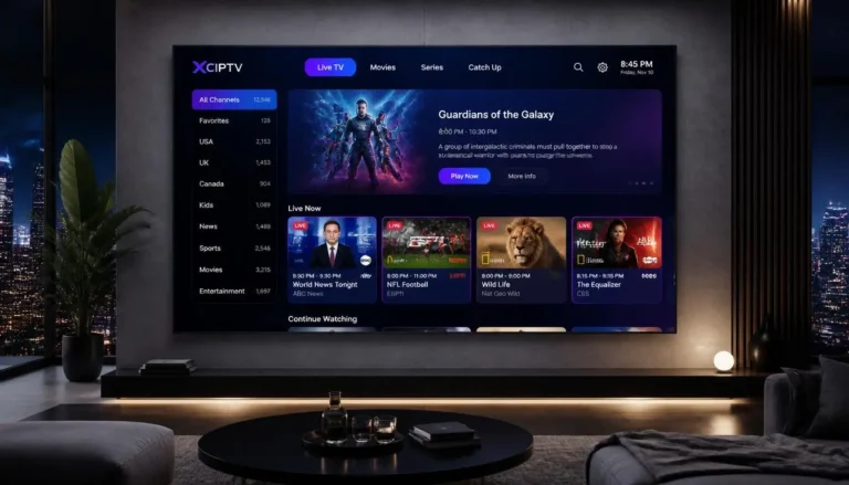 Smart TV displaying an IPTV channel guide in a modern living room
