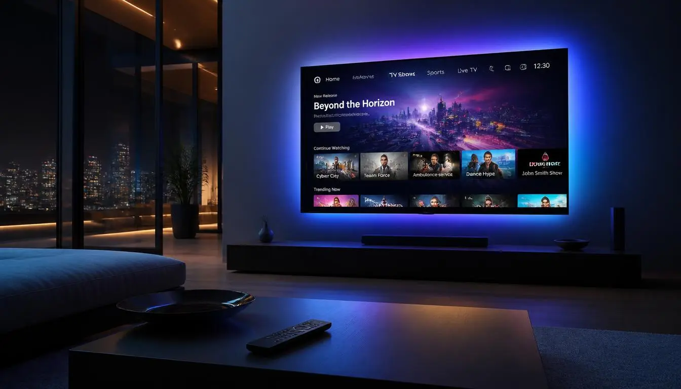 IPTV Xtream app streaming interface displayed on a modern smart TV screen