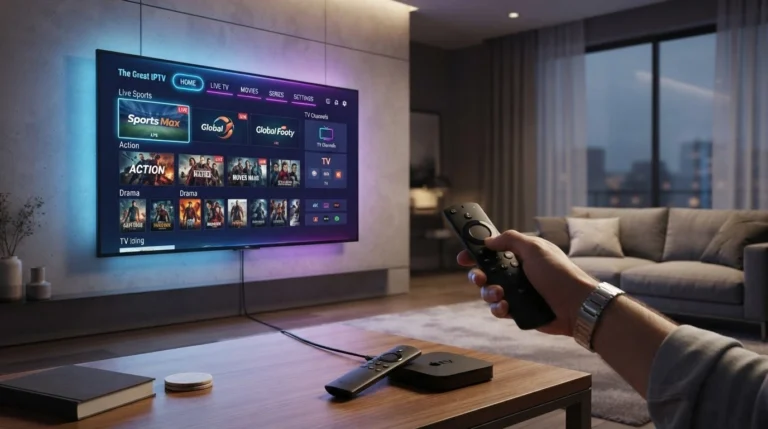 The Great IPTV streaming interface on a modern smart TV with Firestick and Android TV box